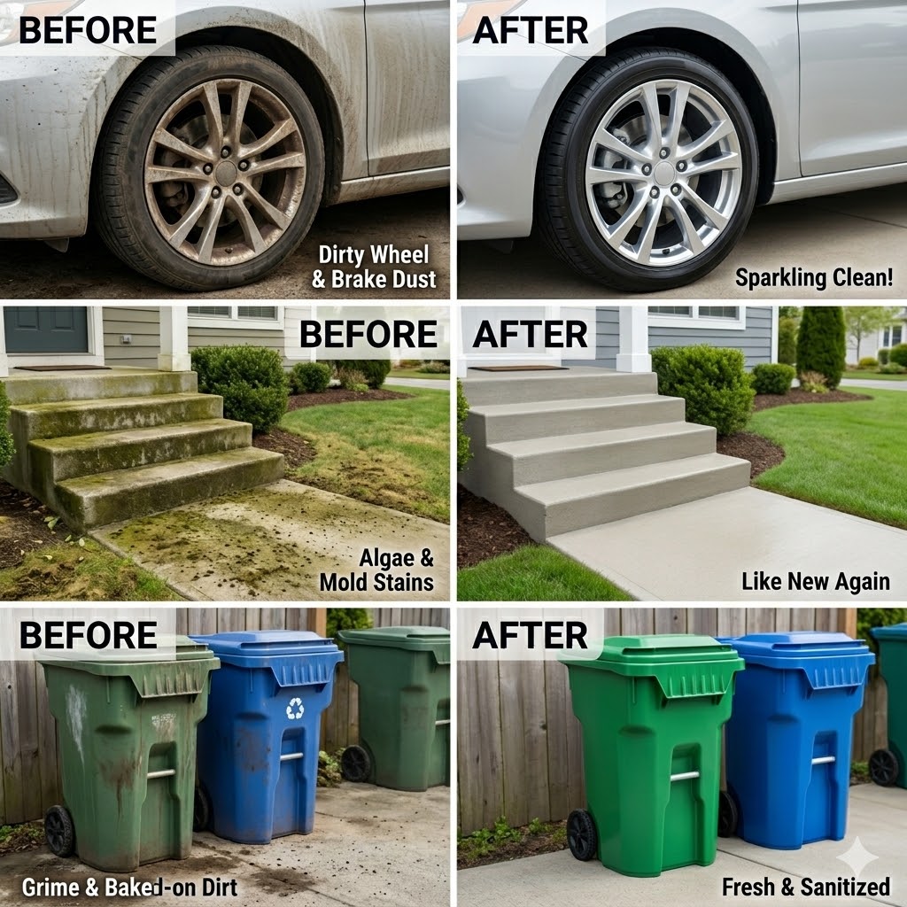 Before and after pressure washing: wheels, concrete steps, and trash bins